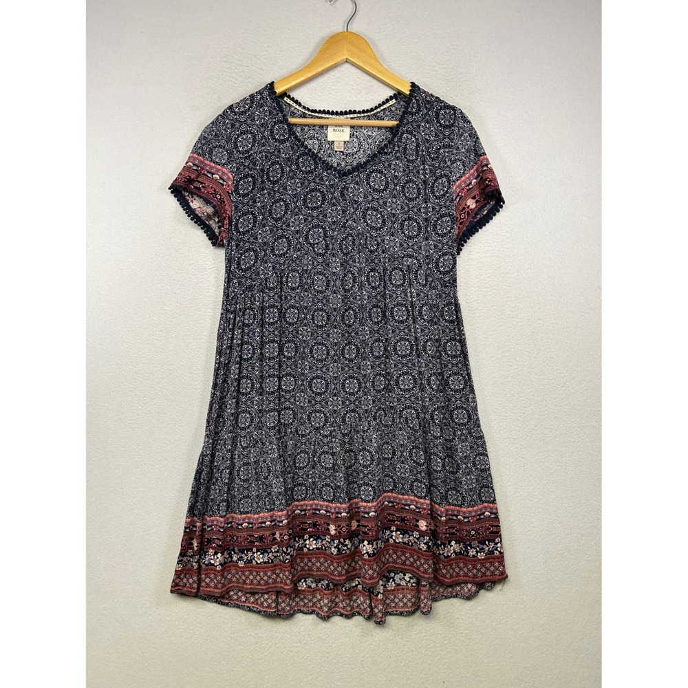 Boho Cottagecore Knox Rose Womens Small Navy Medallion Pom Pom Babydoll Dress‎
